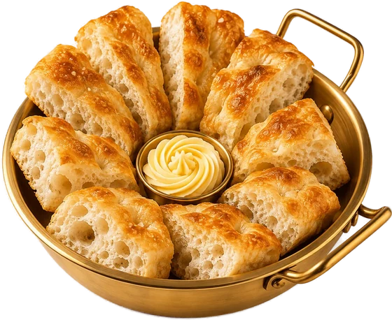 Artisan focaccia in a pan with butter