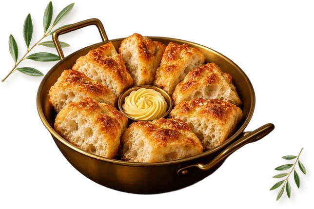 Artisan focaccia in a brass pan with butter